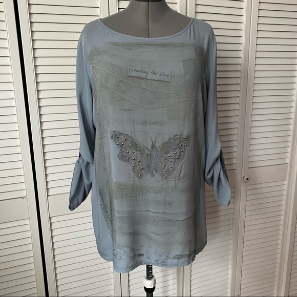 Bella Amore Butterfly print with studs tunic blouse L - Picture 2 of 10